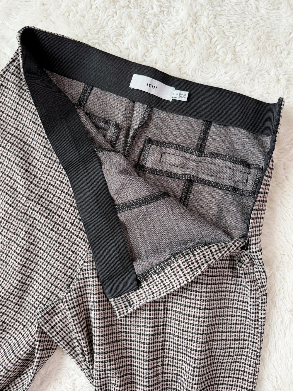Ichi Woman Brown Black Checked High Waist Wide Leg Stretch Fabric Pants MEDIUM - Picture 7 of 12